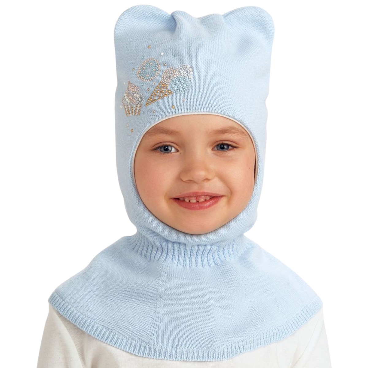 11755 Girls’ Knit Balaclava Hat – Sweet Treats Rhinestone Design | 100% Cotton Shell & Lining | Ages 2,4,6 Y | Spring/Fall Full-Coverage Hood