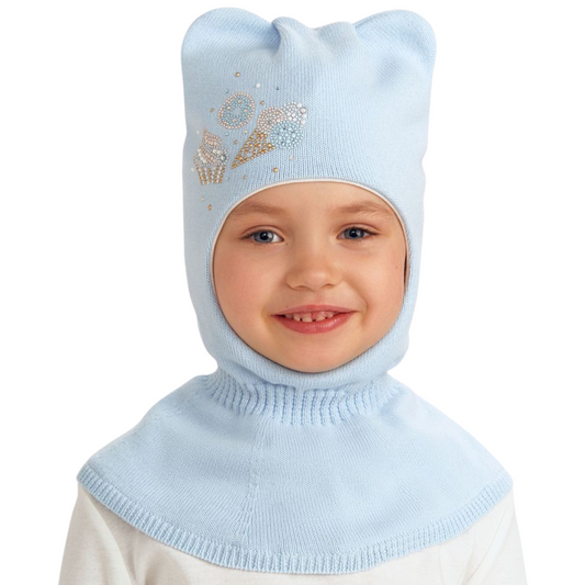 11755 Girls’ Knit Balaclava Hat – Sweet Treats Rhinestone Design | 100% Cotton Shell & Lining | Ages 2,4,6 Y | Spring/Fall Full-Coverage Hood