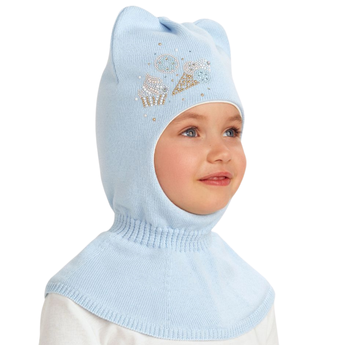 11755 Girls’ Knit Balaclava Hat – Sweet Treats Rhinestone Design | 100% Cotton Shell & Lining | Ages 2,4,6 Y | Spring/Fall Full-Coverage Hood