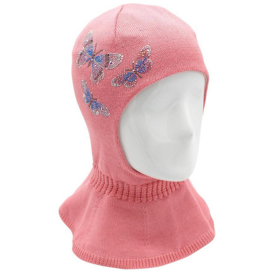 90999 Girls' Cotton Balaclava – Butterfly Rhinestone Design | 100% Cotton Lining | Ages 2Y | Spring/Fall Knit Hat