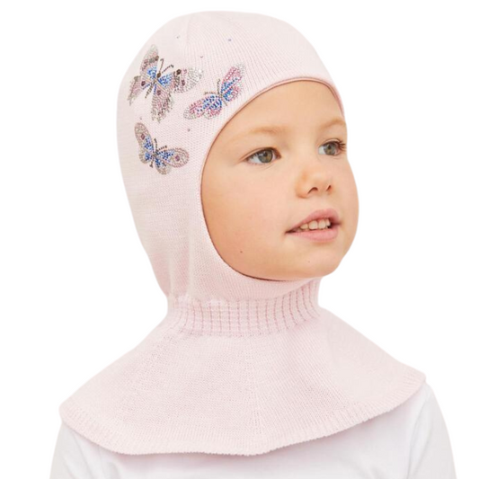 90999 Girls' Cotton Balaclava – Butterfly Rhinestone Design | 100% Cotton Lining | Ages 2Y | Spring/Fall Knit Hat