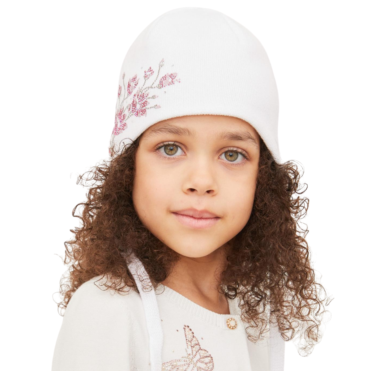 90948 Girls’ Cotton Tie Hat – Pink Glitter Floral Design | 100% Cotton Inside & Out | Size 52-54  / 3-5 Years | Lightweight Spring/Fall Beanie with Ties.