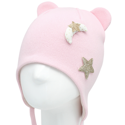 10847 Girls’ Cotton Tie Hat – 3D Star Appliqué & Bear Ears Design | 100% Cotton Inside & Out | Size 48-50 (9-18 Months)| Lightweight Spring/Fall Beanie with Ties