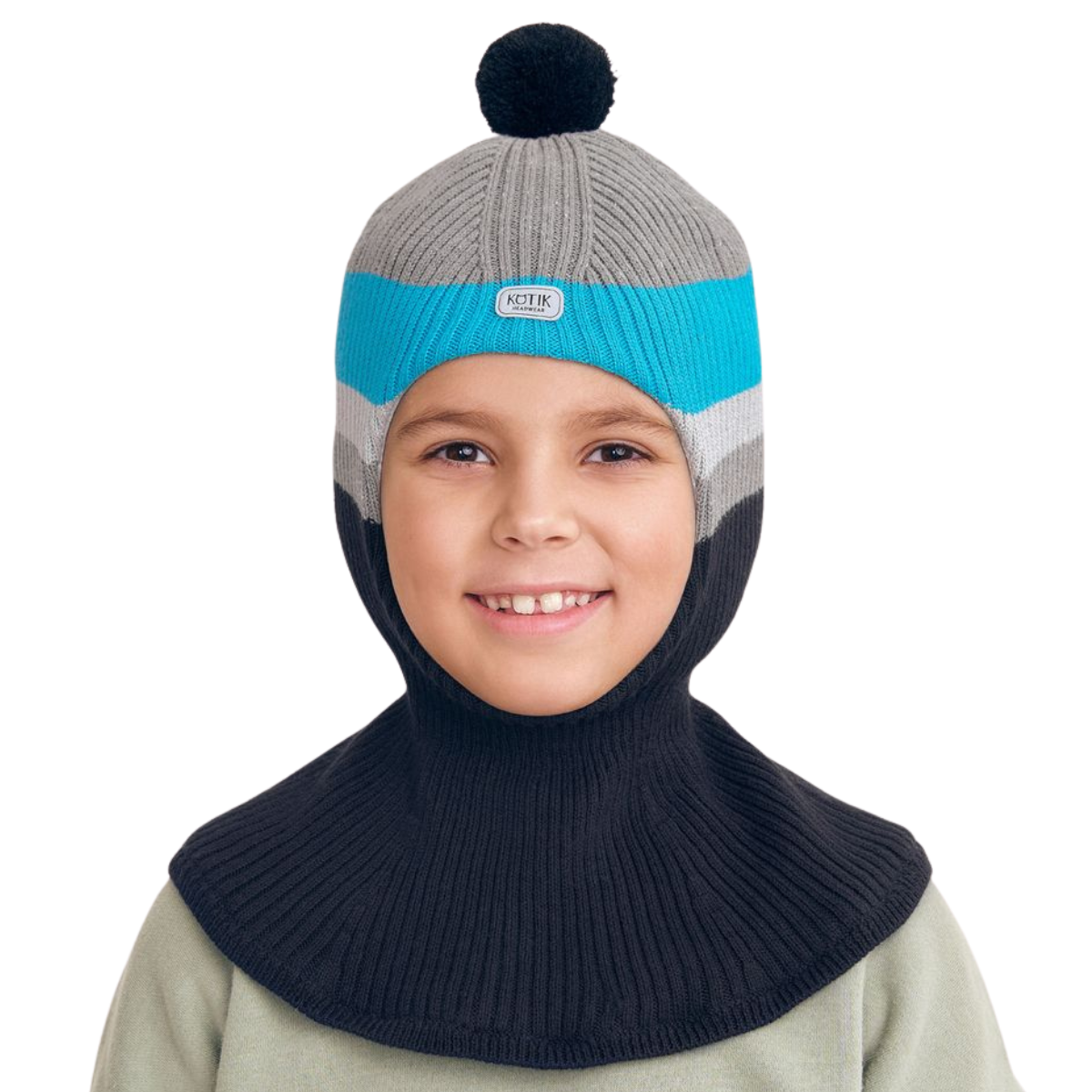 11695 Boys’ Cotton Knit Balaclava – Color Block Stripes & Pom-Pom Design | 100% Cotton Inside & Out | Ages 2,4,6 Y | Lightweight Spring/Fall Hood Hat