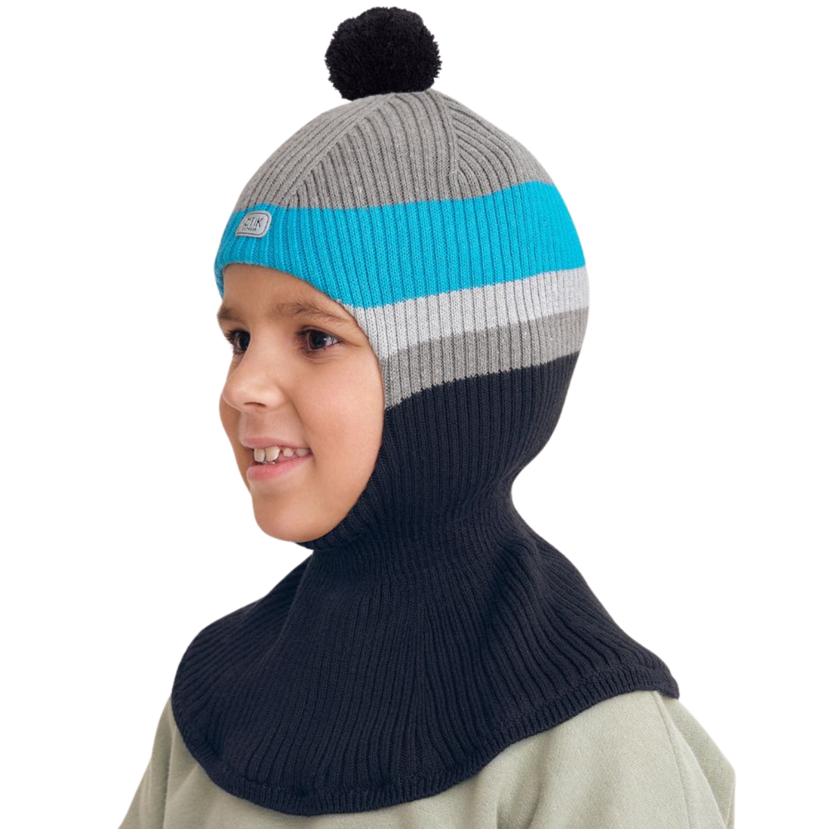 11695 Boys’ Cotton Knit Balaclava – Color Block Stripes & Pom-Pom Design | 100% Cotton Inside & Out | Ages 2,4,6 Y | Lightweight Spring/Fall Hood Hat