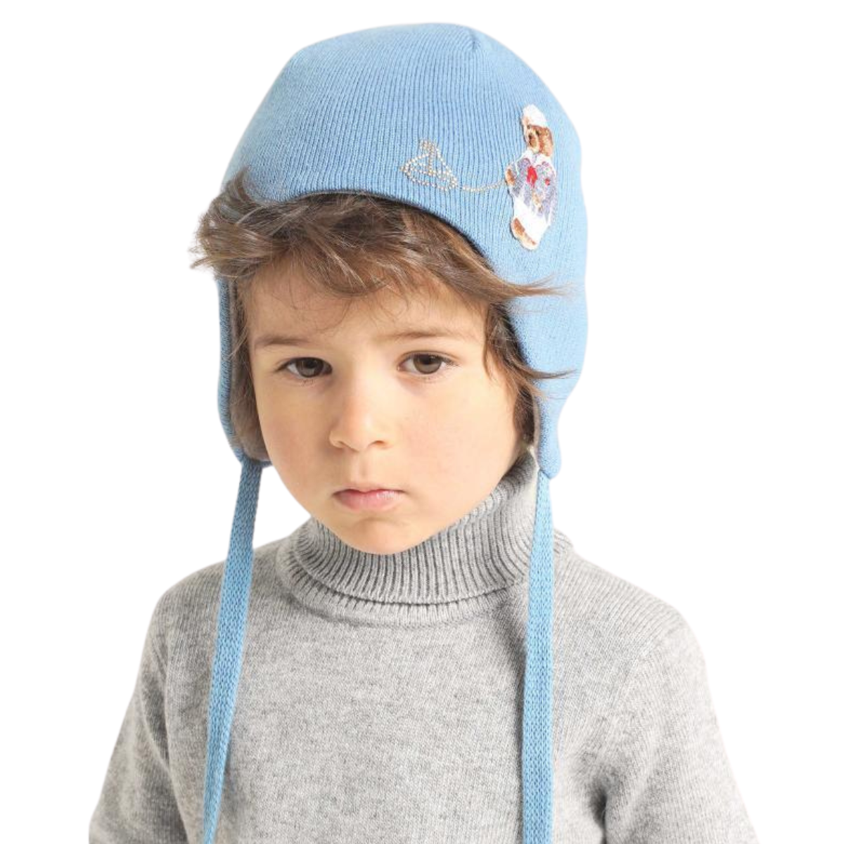 90904 Boys’ Cotton Knit Earflap Hat – Bear & Balloon Embroidery | 100% Cotton Inside & Out | Ages 18-36 M (50–52 cm) | Lightweight Spring/Fall Beanie with Ties