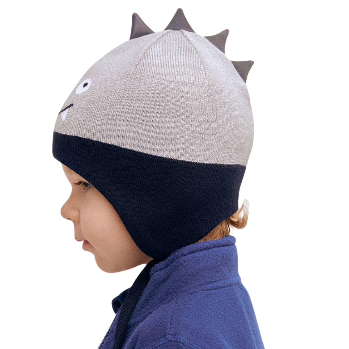 11684 Boys’ Cotton Knit Earflap Hat – Monster Face & 3D Spikes Design | 100% Cotton Inside & Out | Ages 18-36 M (50-52) | Lightweight Spring/Fall Beanie with Ties