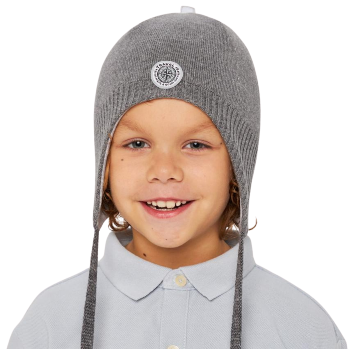 10595 Boys’ Cotton Knit Earflap Hat – Compass Badge Design | 100% Cotton Inside & Out | Ages 5-7 Y (54-56)| Lightweight Spring/Fall Beanie with Ties