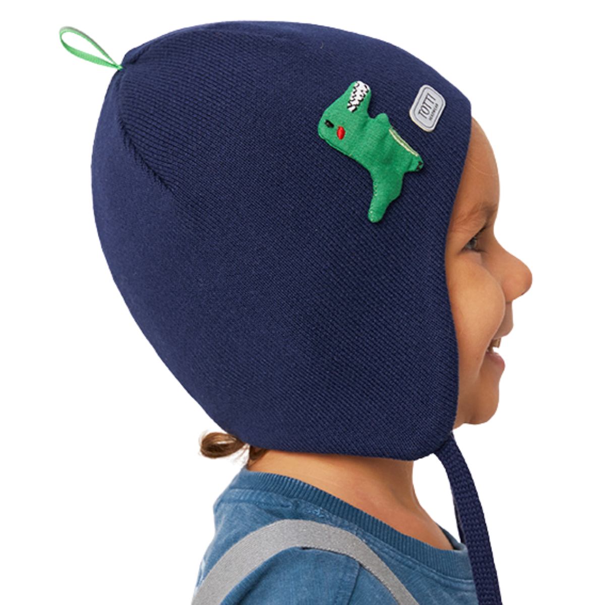 10810 Boys’ Cotton Knit Earflap Hat – 100% Cotton | Fun Green Dinosaur Patch | Lightweight Beanie with Ties for Ages 9-18 M (48-50) | Ideal for Spring & Fall