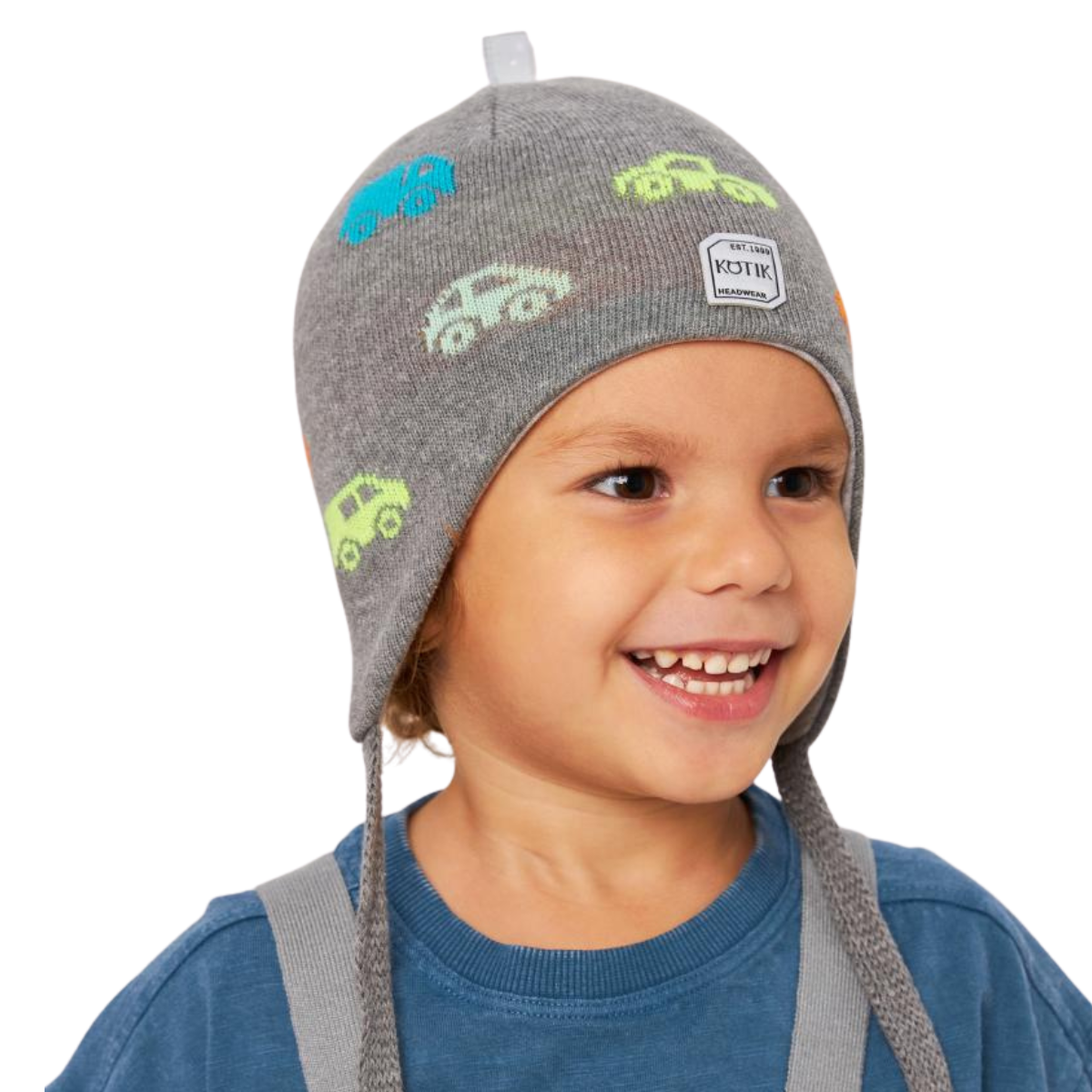 10599 Boys’ Cotton Knit Earflap Hat – 100% Cotton | Colorful Car Pattern | Lightweight Beanie with Ties for Ages 9-18 M (48–50 cm) | Ideal for Spring & Fall