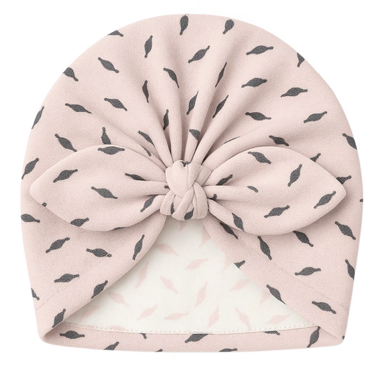 8294 Double-Layer Cotton Baby Turban Hat for Girls – Leaf Print with Front Bow | 100% Cotton Inside & Out | Sizes 3-18 Months | Caramell (Turkey) | Perfect for Photoshoots