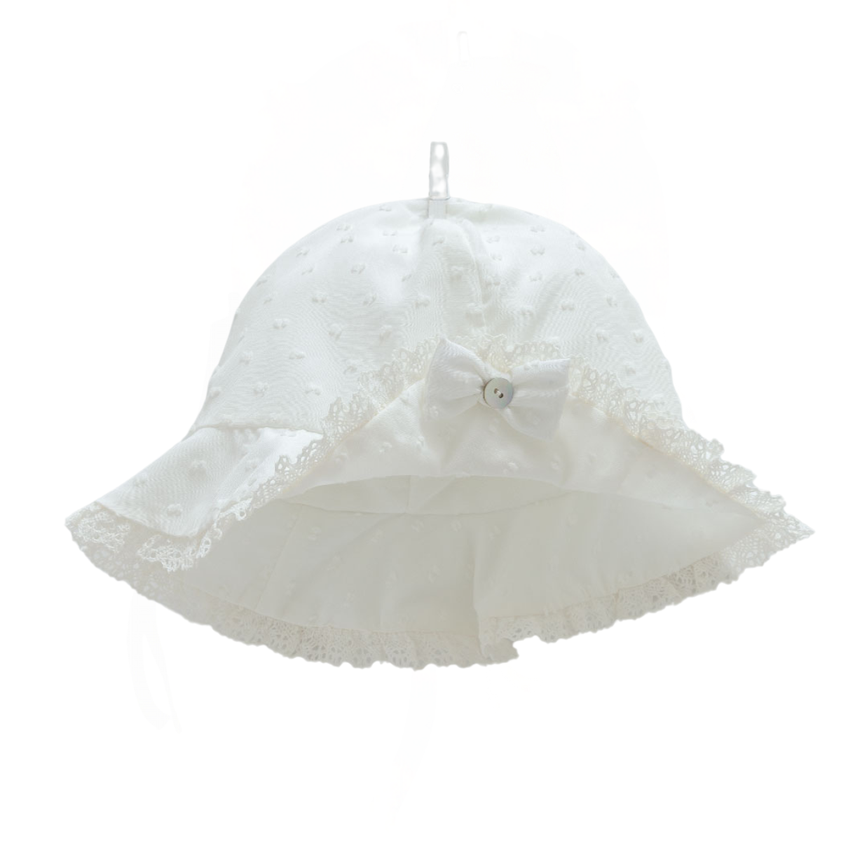 8857 Cotton Baby Sun Hat for Girls – Embroidered Lace Trim with Bow | Wide Brim | Lined | 100% Cotton Inside and Out | Sizes 0–12 Months | Caramell (Turkey)