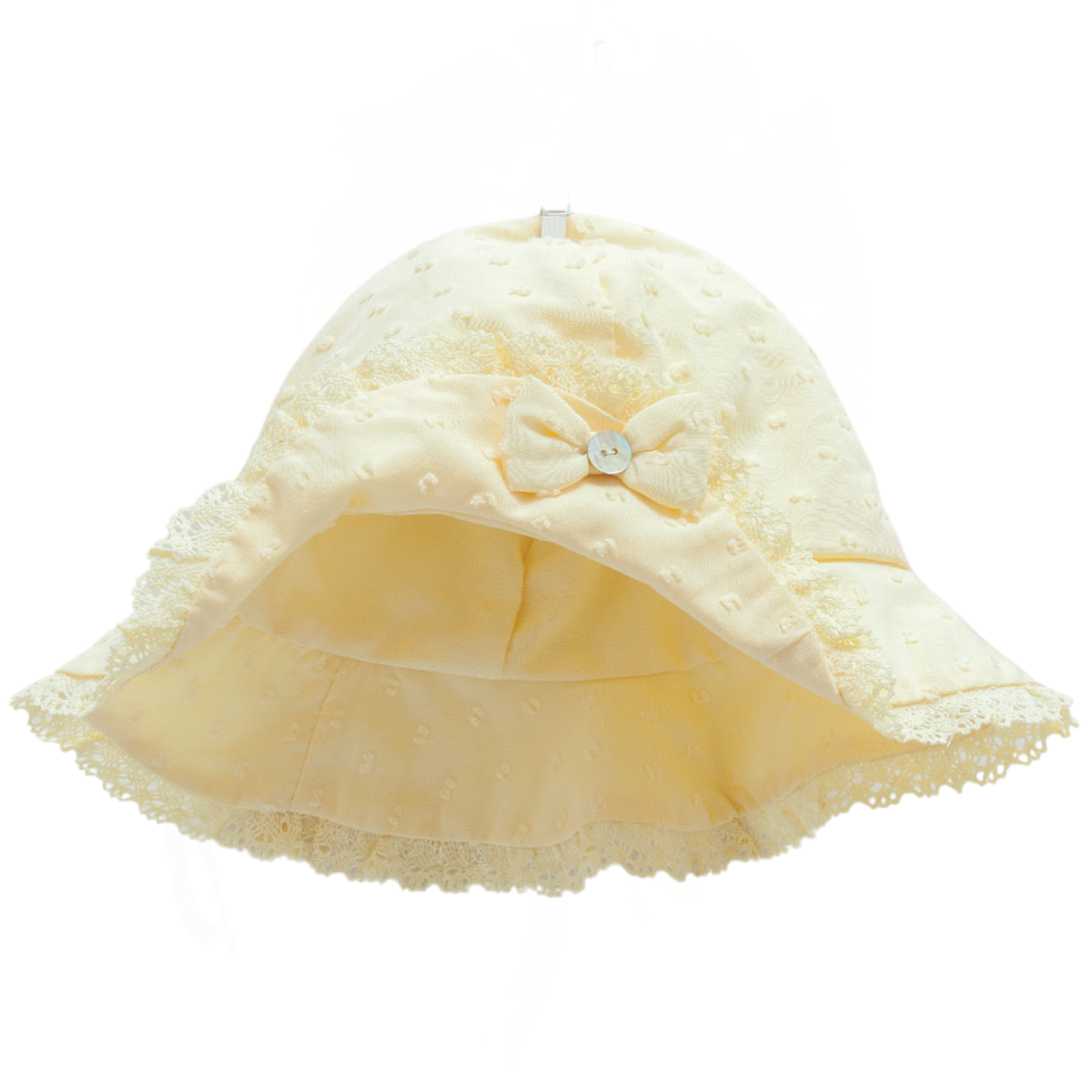 8857 Cotton Baby Sun Hat for Girls – Embroidered Lace Trim with Bow | Wide Brim | Lined | 100% Cotton Inside and Out | Sizes 0–12 Months | Caramell (Turkey)