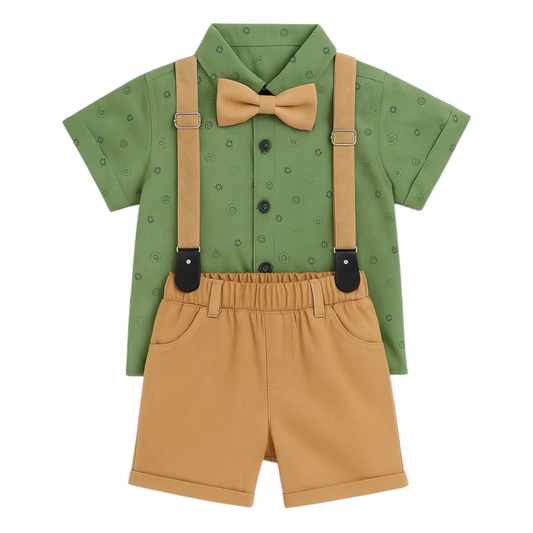 4154 Toddler Boy Dressy Outfit Set with Shirt, Shorts, Bow Tie & Suspenders – 100% Cotton Formal Clothes for Boys Ages 1–5 (86–104 cm) | POLLITO (Turkey)