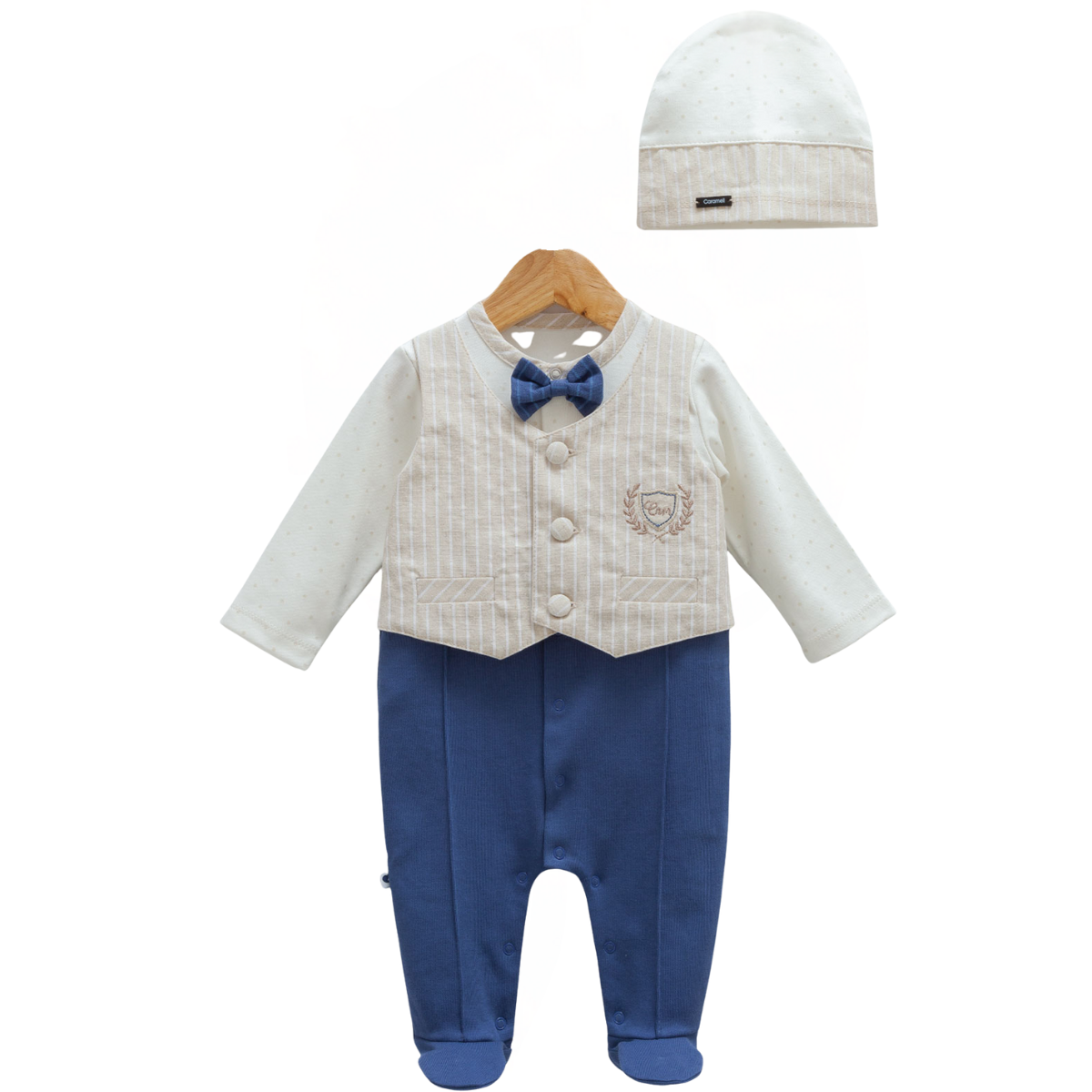 9042 Baby Boy Formal Romper with Vest Look and Bow Tie – 100% Cotton Newborn Outfit Set with Hat | Caramell Turkey | Sizes 1–12 Months