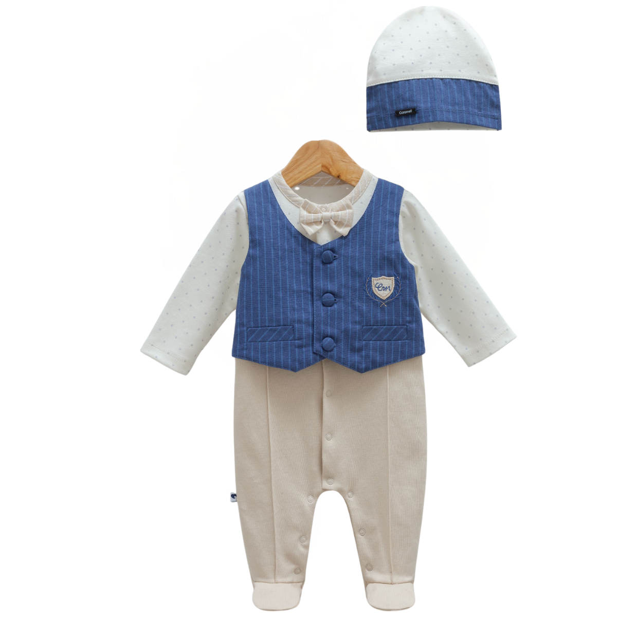 9042 Baby Boy Formal Romper with Vest Look and Bow Tie – 100% Cotton Newborn Outfit Set with Hat | Caramell Turkey | Sizes 1–12 Months