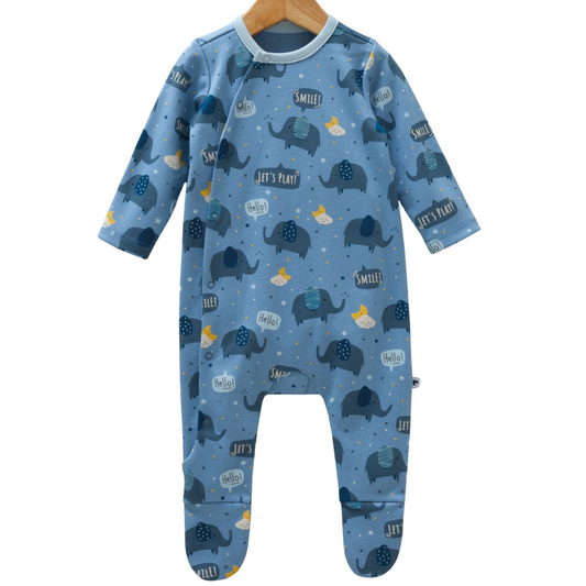 8560 Unisex 100% Cotton Footed Layette Romper |  Print "Elephant" | Size 0-9 Months | Versatile Spring-Autumn Sleepwear