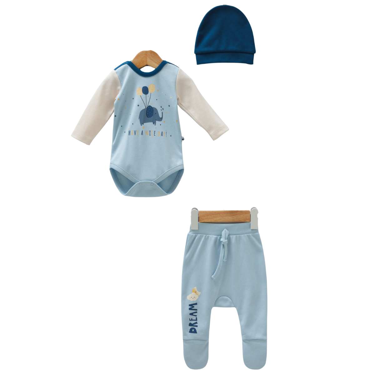 8563 3-Piece Newborn Sleep Set Unisex – Bodysuit (Long Sleeve), Footed Pants, and Hat | Elephant Dream Print | 100% Cotton | Size 0-6 Months | Spring-Autumn | Turkey