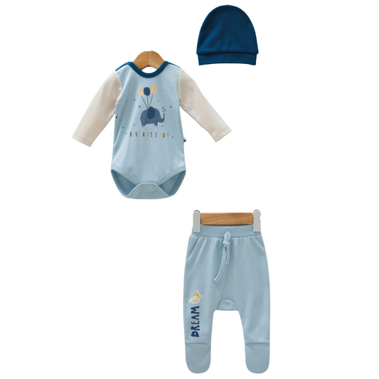 8563 3-Piece Newborn Sleep Set Unisex – Bodysuit (Long Sleeve), Footed Pants, and Hat | Elephant Dream Print | 100% Cotton | Size 0-6 Months | Spring-Autumn | Turkey