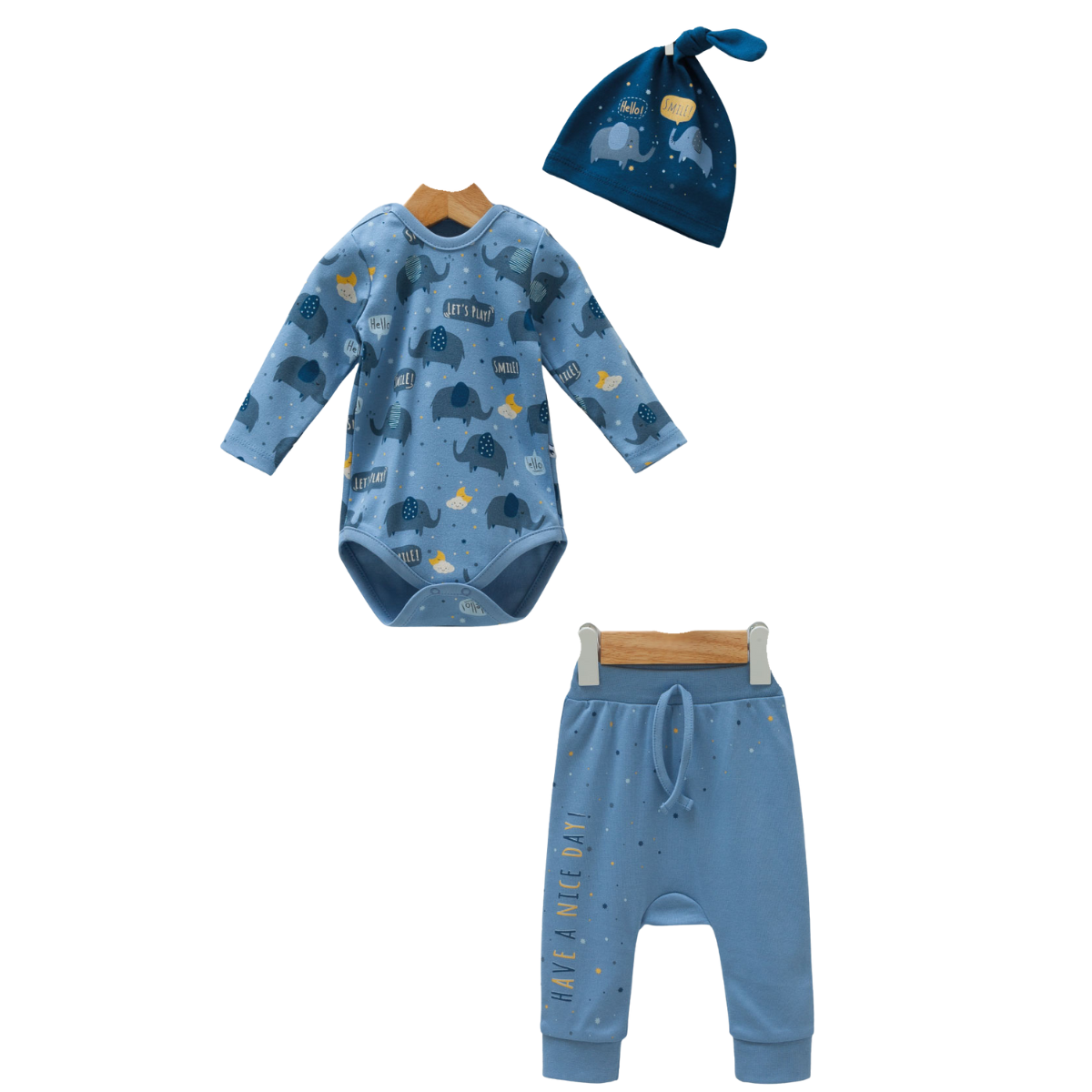 8564 3-Piece Sleep Set for Newborn Unisex – Long-Sleeve Bodysuit, Open-Foot Pants, and Knot Hat | Playful Elephant & Cloud Print | 100% Cotton | Size 0-9 Months | Turkey