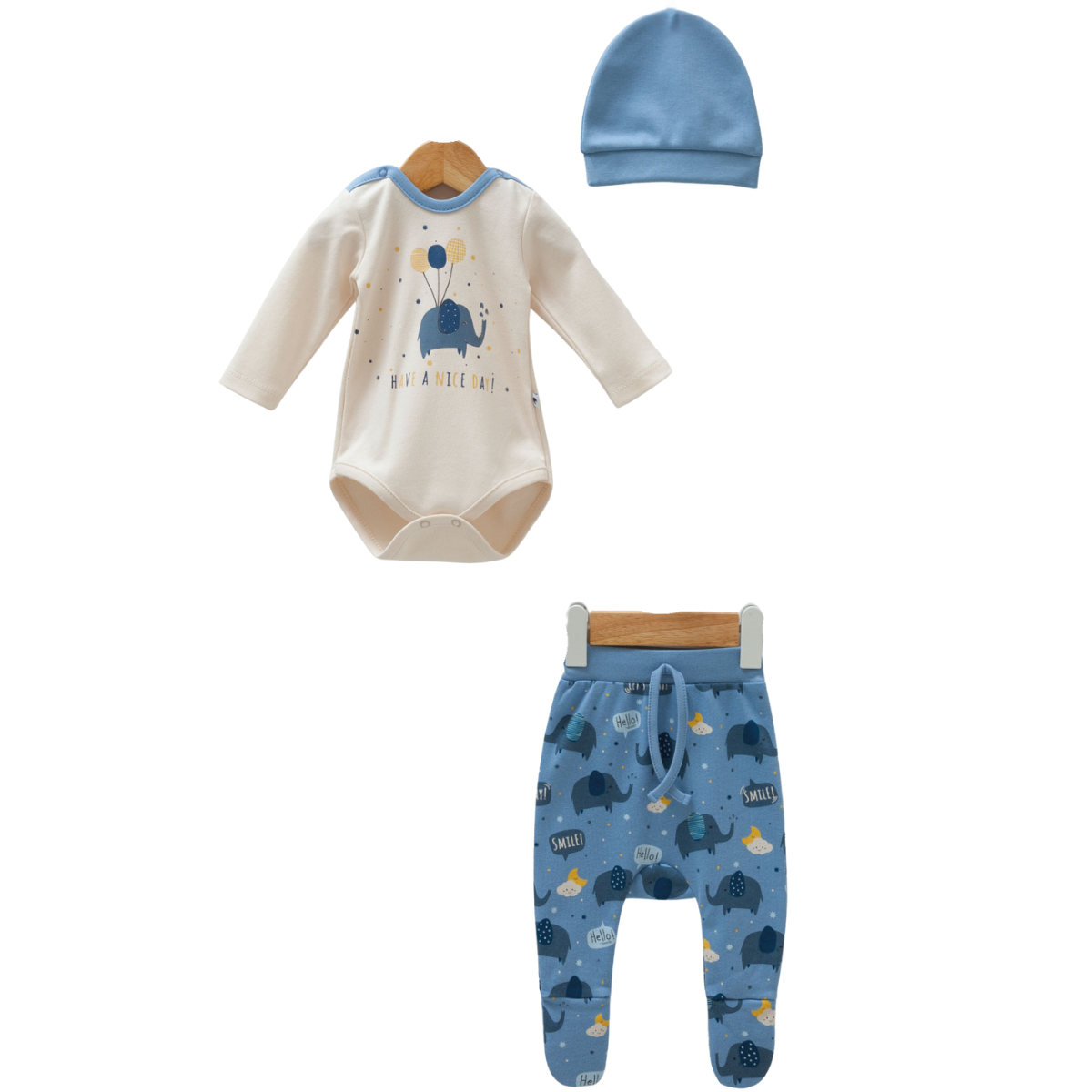 8566 3-Piece Sleep Set Newborn Unisex – Bodysuit (Long Sleeve), Footed Pants, and Hat | Elephant Print | 100% Cotton | Size 0-9 Months | Spring-Autumn | Turkey