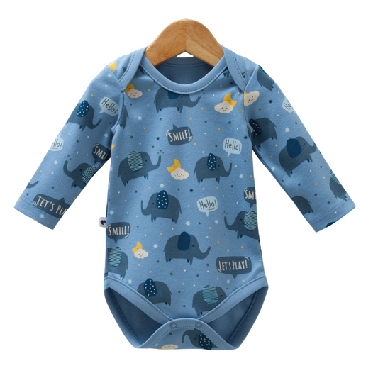 8585 Bodysuit for Newborn Boys – Long-Sleeve, Easy-Wear Snaps for Everyday Wear & Sleep | 100% Medium-Weight Cotton | Elephant Prints | 0-9 Months | Turkey