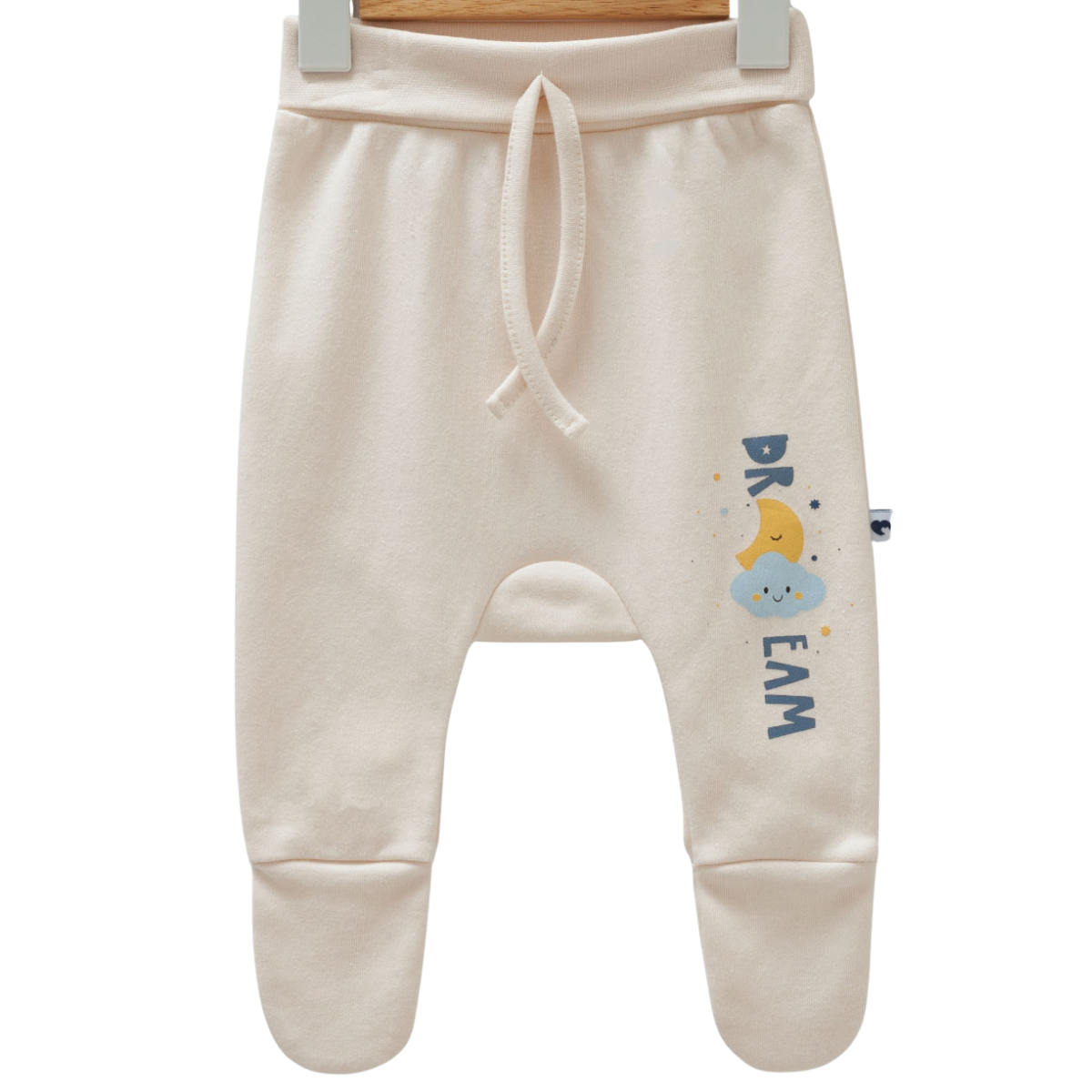 8568 Baby Footed Pants for Boys – 100% Cotton | Soft Beige with "Dream" Print | Cozy Elastic Waist | Sizes 0–9 Months | Made in Turkey