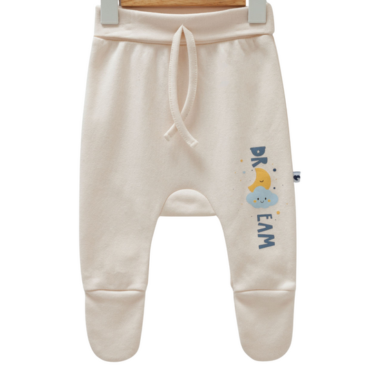 8568 Baby Footed Pants for Boys – 100% Cotton | Soft Beige with "Dream" Print | Cozy Elastic Waist | Sizes 0–9 Months | Made in Turkey