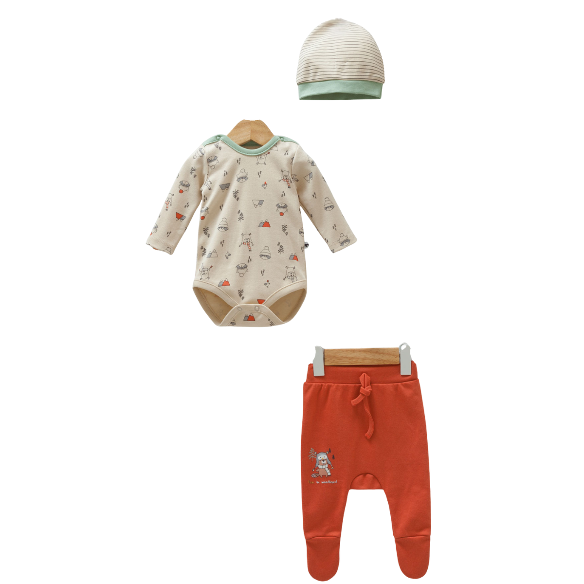 8599 3-Piece Set for Newborn Boys – Long-Sleeve Bodysuit, Footed Pants, and Beanie Hat |  Woodland Friends Print | 100% Cotton | Size 0-6 Months | Spring-Summer-Early Autumn |Turkey