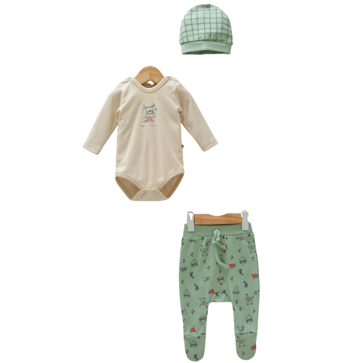 8599 3-Piece Set for Newborn Boys – Long-Sleeve Bodysuit, Footed Pants, and Beanie Hat |  Woodland Friends Print | 100% Cotton | Size 0-6 Months | Spring-Summer-Early Autumn |Turkey