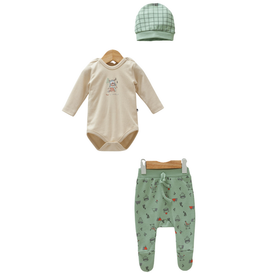 8599 3-Piece Set for Newborn Boys – Long-Sleeve Bodysuit, Footed Pants, and Beanie Hat |  Woodland Friends Print | 100% Cotton | Size 0-6 Months | Spring-Summer-Early Autumn |Turkey