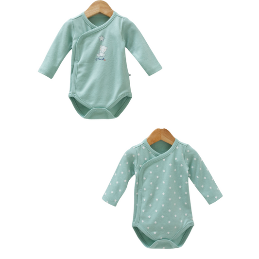 8730 Bodysuit for Newborn Boys (2-Piece) – Long-Sleeve, Side-Snap (Kimono Style)| 100% Medium-Weight Cotton | Print "Gentle Patterns: Bears and Stars" | 0-9 Months | Turkey
