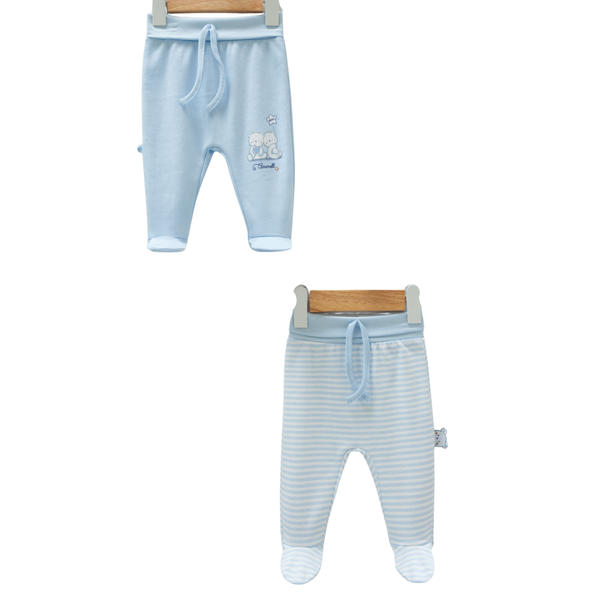 8733 Newborn Boy Pants (2-Piece)  – Footed, Pastel Shades | 100% Medium-Weight Cotton | Prints "Bears" and "Stripes" | 0-9 Months | Turkey