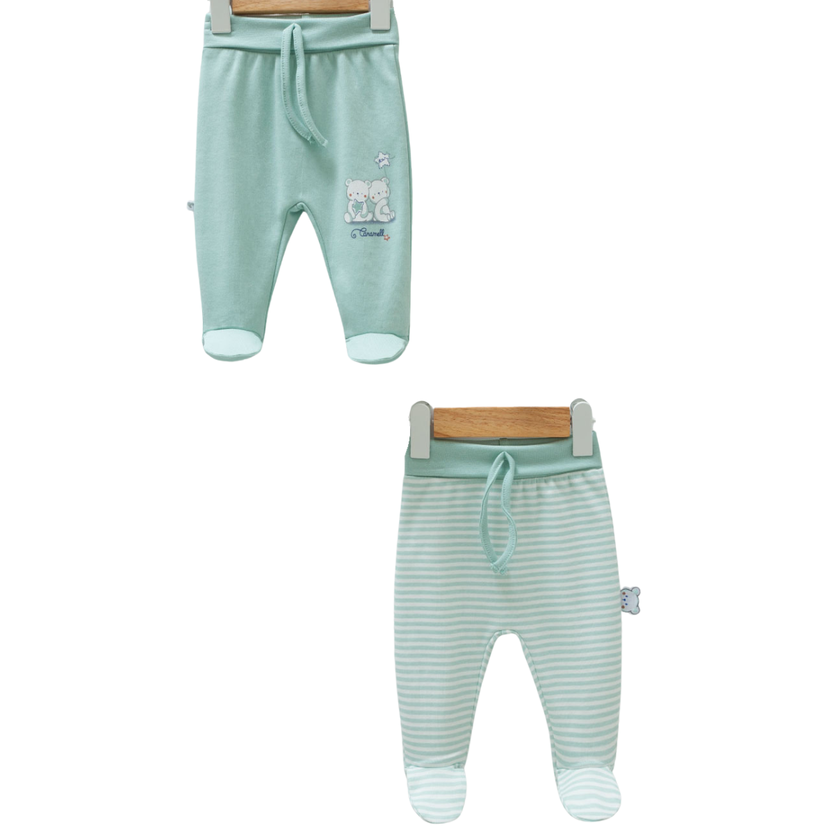 8733 Newborn Boy Pants (2-Piece)  – Footed, Pastel Shades | 100% Medium-Weight Cotton | Prints "Bears" and "Stripes" | 0-9 Months | Turkey