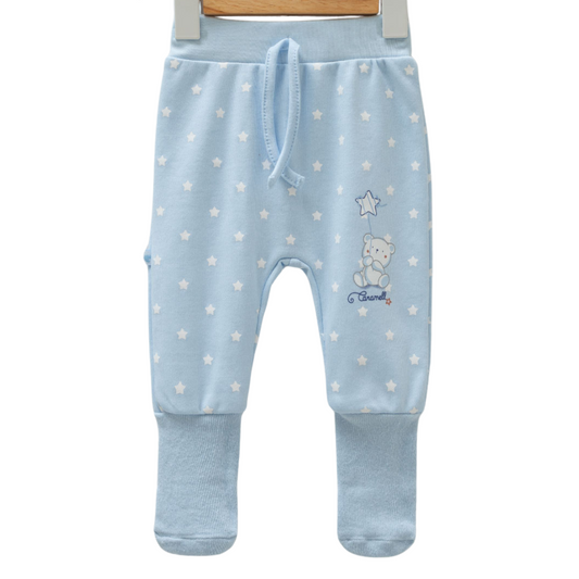 8734 Newborn Boy Pants – Pastel Shades, Elastic Waistband, Ribbed Cuffs | 100% Medium-Weight Cotton | Print "Bears and Stars" | 0-6 Months | Turkey