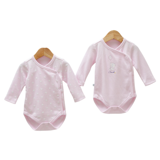 8809  Newborn Girl Bodysuit Set (2-Piece) – Long-Sleeve, Side-Snap (Kimono Style) | 100% Cotton | Prints "Bear with Balloon" and "Hearts/Polka Dots" | Size 0-9 Months | Turkey