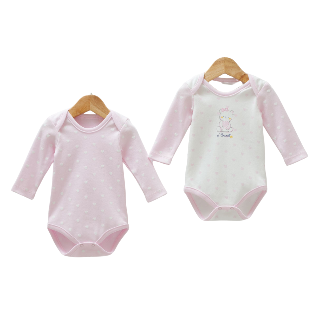 8810  Caramell: 2-Piece Newborn Girl Bodysuit Set – Long-Sleeve, Lap Shoulder | 100% Cotton | Prints "Bear with Balloon (with White Contrast Panel)" and "Hearts/Polka Dots" | Size 0-9 Months | Turkey
