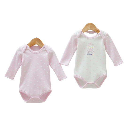 8810  Caramell: 2-Piece Newborn Girl Bodysuit Set – Long-Sleeve, Lap Shoulder | 100% Cotton | Prints "Bear with Balloon (with White Contrast Panel)" and "Hearts/Polka Dots" | Size 0-9 Months | Turkey