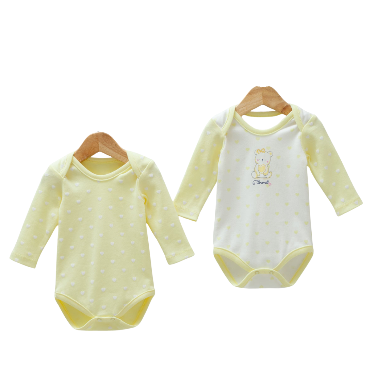 8810  Caramell: 2-Piece Newborn Girl Bodysuit Set – Long-Sleeve, Lap Shoulder | 100% Cotton | Prints "Bear with Balloon (with White Contrast Panel)" and "Hearts/Polka Dots" | Size 0-9 Months | Turkey