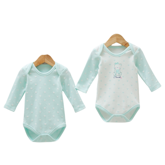 8810  Caramell: 2-Piece Newborn Girl Bodysuit Set – Long-Sleeve, Lap Shoulder | 100% Cotton | Prints "Bear with Balloon (with White Contrast Panel)" and "Hearts/Polka Dots" | Size 0-9 Months | Turkey