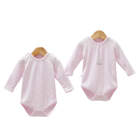 8811  Newborn Girl Bodysuit Set (2-Piece) – Long-Sleeve, Lap Shoulder | 100%Cotton | Prints "Bear with Balloon" and "Hearts/Polka Dots" |Size 0-9 Months | Turkey