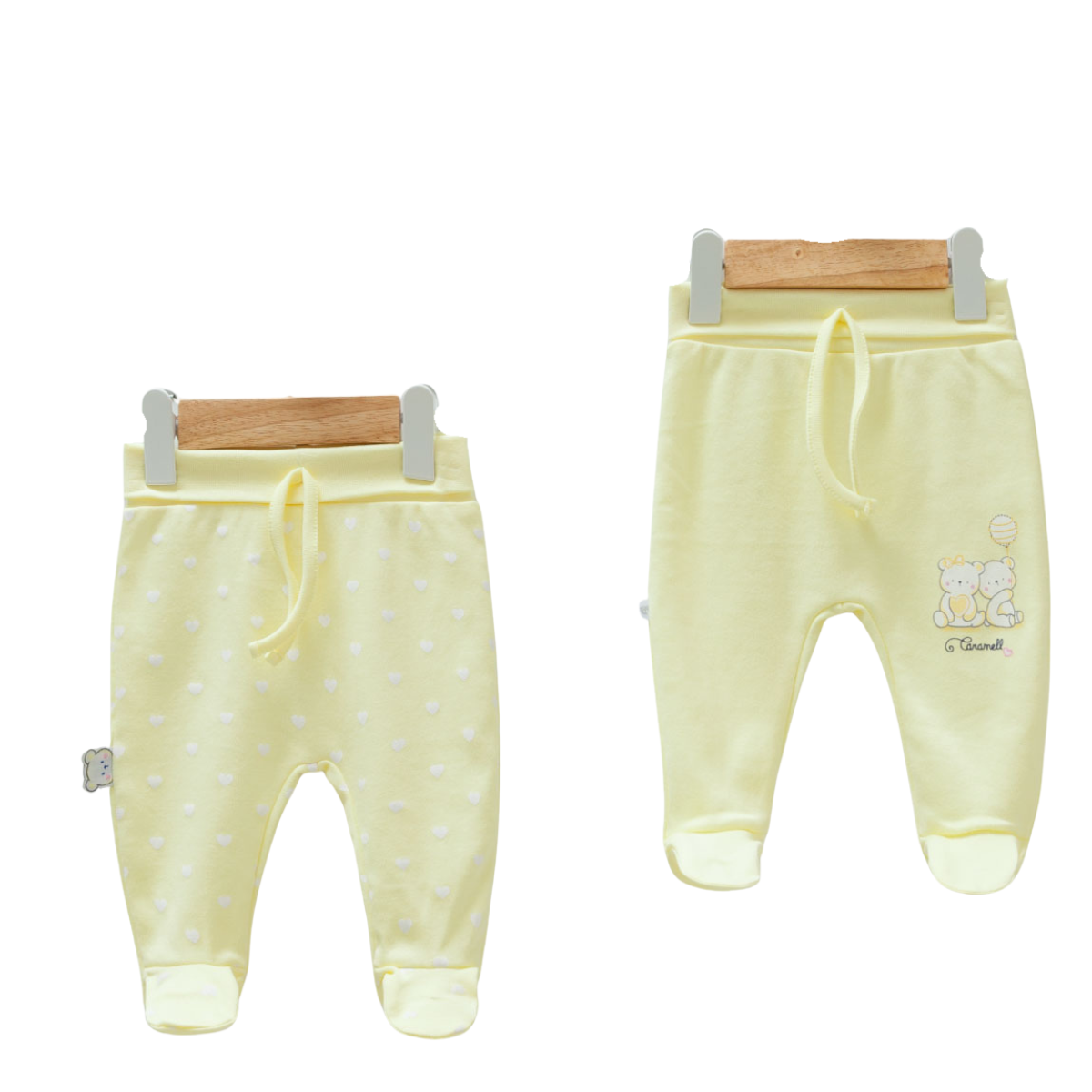 8812 Newborn Girl Footed Pants – Elastic Waistband, Faux Drawstring | 100% Medium-Weight Cotton | Prints "Hearts" and "Bear Friends" | Size 0-9 Months