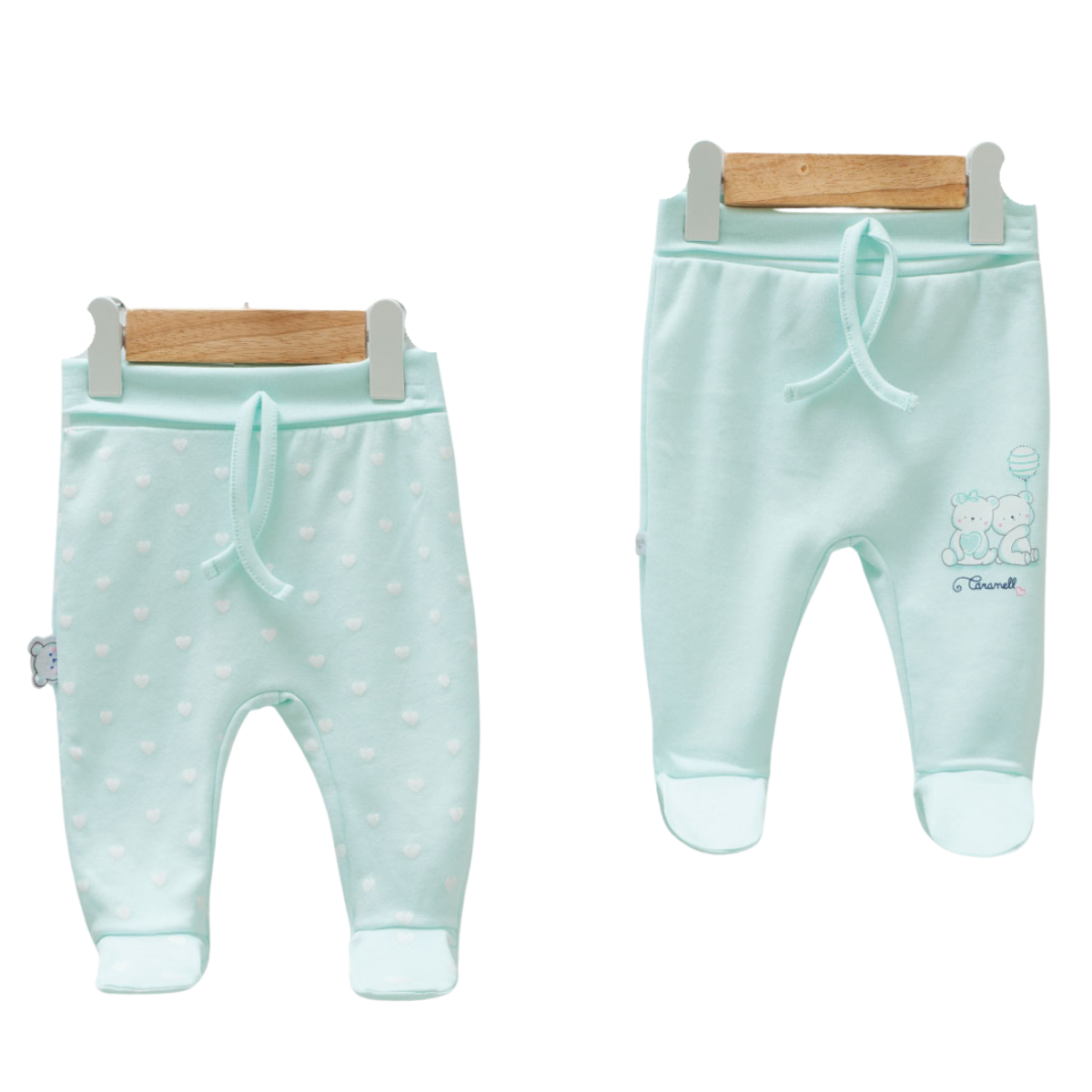 8812 Newborn Girl Footed Pants – Elastic Waistband, Faux Drawstring | 100% Medium-Weight Cotton | Prints "Hearts" and "Bear Friends" | Size 0-9 Months