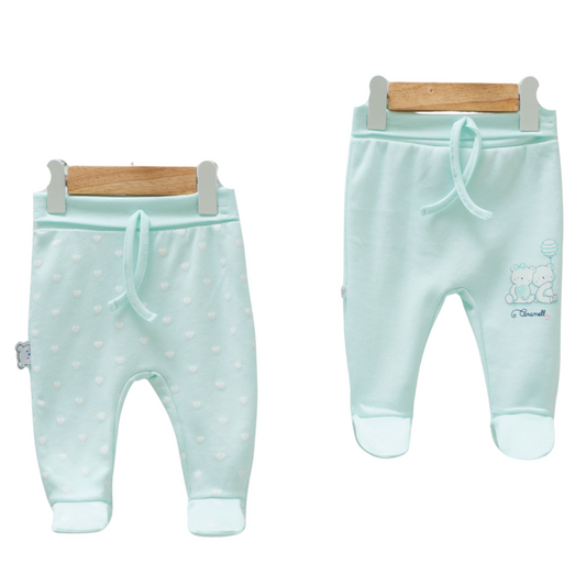 8812 Newborn Girl Footed Pants – Elastic Waistband, Faux Drawstring | 100% Medium-Weight Cotton | Prints "Hearts" and "Bear Friends" | Size 0-9 Months