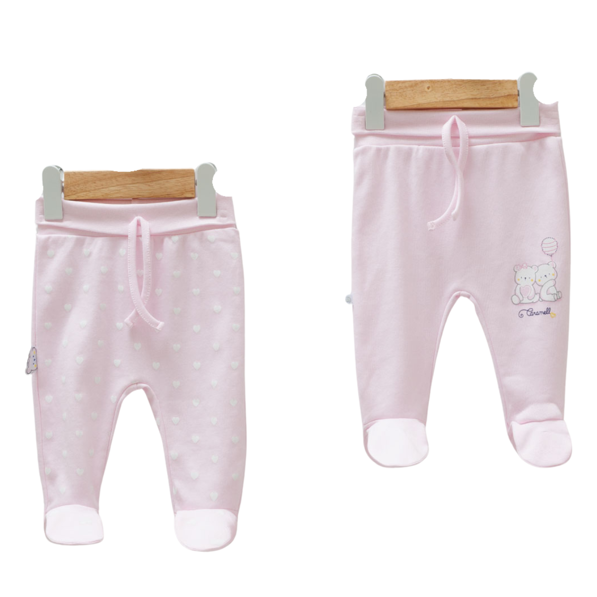 8812 Newborn Girl Footed Pants – Elastic Waistband, Faux Drawstring | 100% Medium-Weight Cotton | Prints "Hearts" and "Bear Friends" | Size 0-9 Months