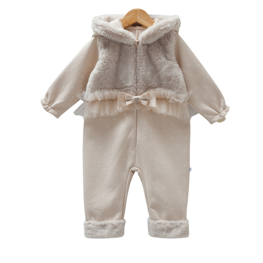 8188 Girls' Autumn Romper with Faux Plush Vest & Tulle Bow | Polka Dot, Hooded, Zipper | 3-18 Months | Turkey