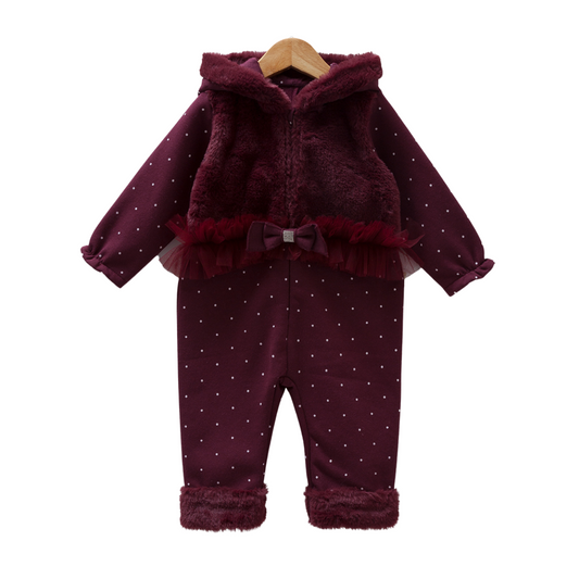 8188 Girls' Autumn Romper with Faux Plush Vest & Tulle Bow | Polka Dot, Hooded, Zipper | 3-18 Months | Turkey
