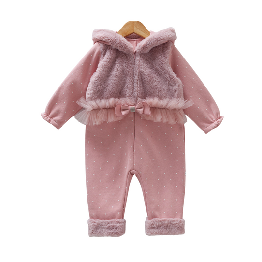 8188 Girls' Autumn Romper with Faux Plush Vest & Tulle Bow | Polka Dot, Hooded, Zipper | 3-18 Months | Turkey
