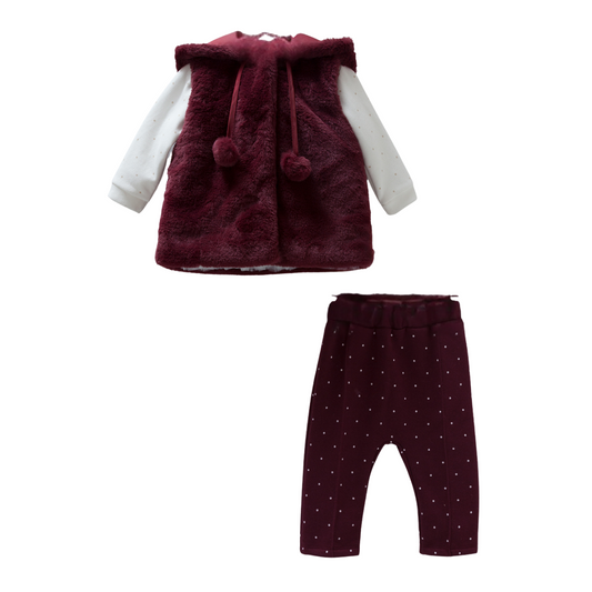 8190 Girls' 100% Cotton 3-Piece Set – Plush Hooded Vest, Polka Dot Top & Pants | Fall Baby Outfit | 3-12 Months | Turkey