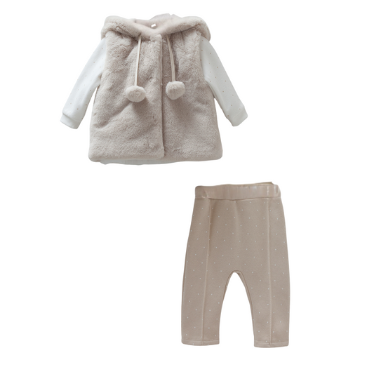 8190 Girls' 100% Cotton 3-Piece Set – Plush Hooded Vest, Polka Dot Top & Pants | Fall Baby Outfit | 3-12 Months | Turkey